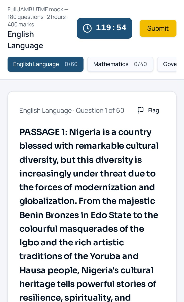 Real Aceover full JAMB UTME mock with subject tabs and 2-hour timer